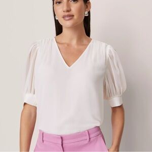 CALVIN KLEIN White V Neck Sheer Puff Short Sleeve Blouse L NWOT